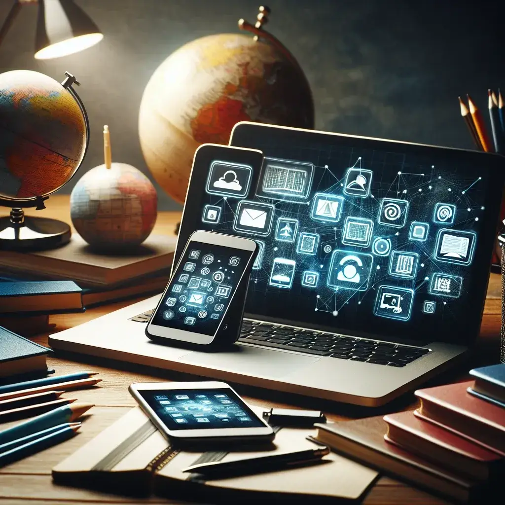 "Estudantes utilizando aplicativos de aprendizado em dispositivos móveis para melhorar suas habilidades acadêmicas e gerenciamento de tempo."